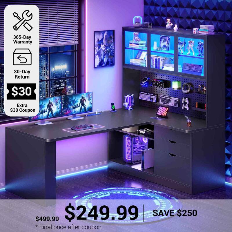 SEDETA 67 Inch L Shaped Computer Desk Corner Gaming Desk with LED Light 3 Wood Drawer Large Bookshelf Display Cabinet Pegboar...