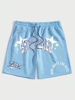 Men's Star & Letter Print Drawstring Waist Shorts, Y2k Casual Regular Fit Pocket Straight Leg Shorts for Summer, Mens Botto...