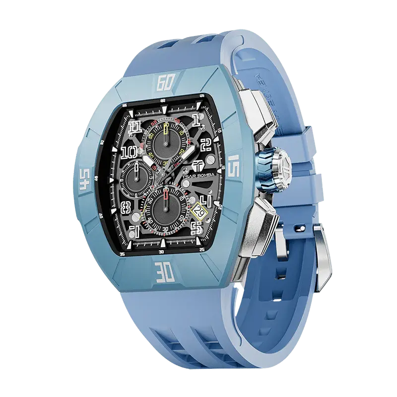TSAR BOMBA Men's Quartz Watch | Dynamic Light Blue | Atomic TB8214 | Fluororubber Bezel | Luxury Sport Watch | 50M Waterproof...
