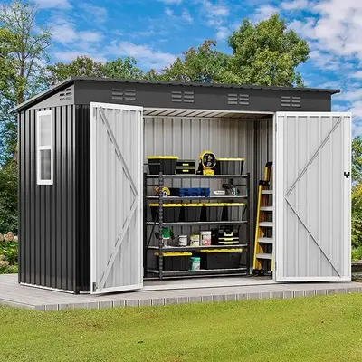 YITAHOME 9.1x4.2ft Large Tool Storage Shed with Window, Lockable Doors, and Sloped Roof, Oversized Steel Outdoor Storage Shed...