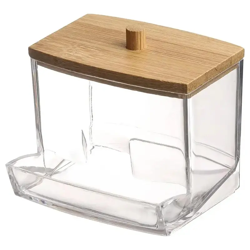 Qtip Holder with Wooden Lid, 1 Count Clear Acrylic Bathroom Storage Box, Mini Transparent Organiser, Storage Organizer, Home ...
