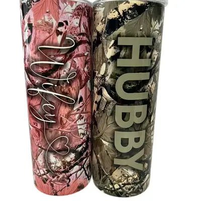 Green Hubby and Pink Wifey Set of Two 20oz Tumblers with Straws, Lids and Gift Boxes