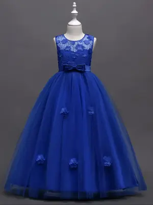 Girl's Floral Embroidery Appliques Bow Front Tulle Party Dress, Elegant Sleeveless Round Neck Fit & Flare Dress for Performan...