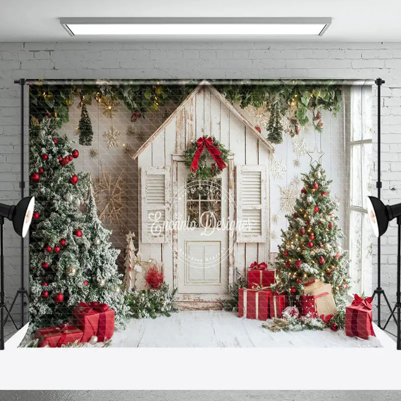 White Cabin Christmas Tree Holiday Vibe Backdrop - Aperturee