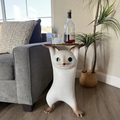 Modern Resin Cat Side Table with Gold Tray – Decorative