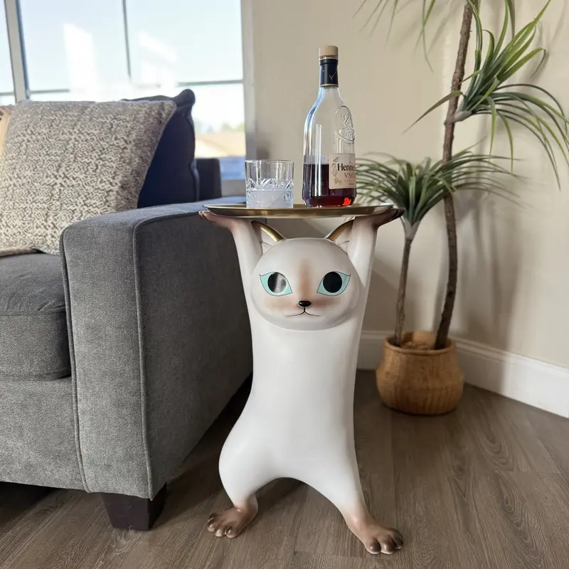 Modern Resin Cat Side Table with Gold Tray – Decorative