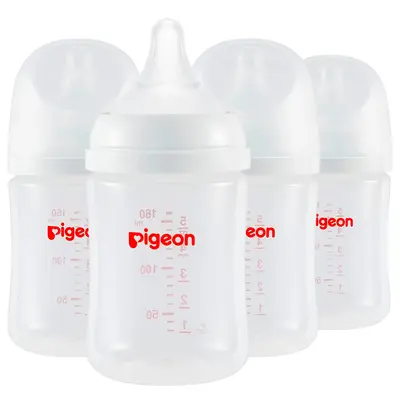 Pigeon PP Nursing Bottle Wide Neck, Anti-Colic, Streamlined Body, Natural Feel, Easy to Clean, 5.4 Oz (Pack of 4), Includes 4...