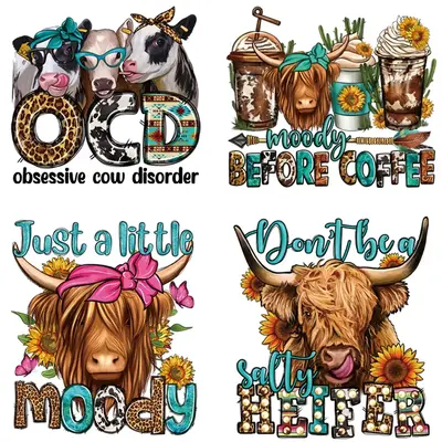 6pcs/set Cute Cow & Letter Pattern DIY Iron On Patch, Washable Heat Transfer Sticker For Clothes