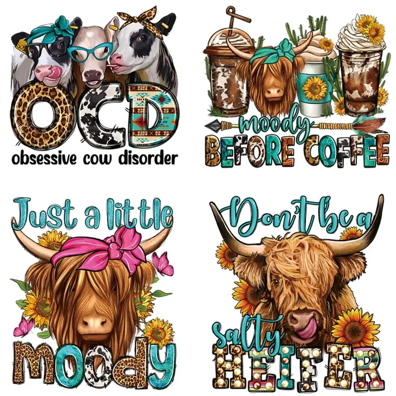 6pcs/set Cute Cow & Letter Pattern DIY Iron On Patch, Washable Heat Transfer Sticker For Clothes