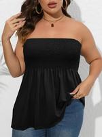 【Plus Size】 Solid Chic Minimalist Basic Tube Top, Bohemian Fashion Casual Elegant Strapless Sleeveless Peplum Top for Lad...