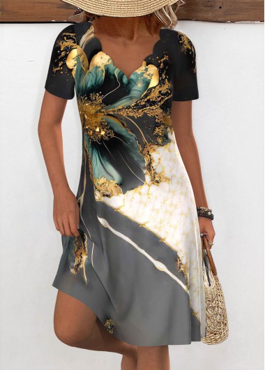 Modlily Multi Color Random Floral Print Short Sleeve Dress - S