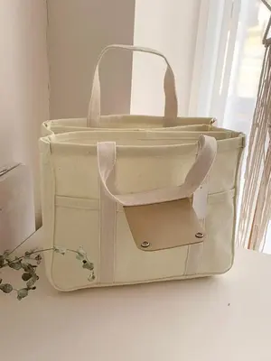 Casual Solid Color Large Capacity Canvas Tote Bag for School & Work, 2025 New Mommy Bag for Outdoors, Multi-pocket Design Sho...
