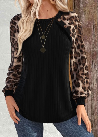 Modlily Black Patchwork Leopard Long Sleeve Round Neck Sweatshirt - XL