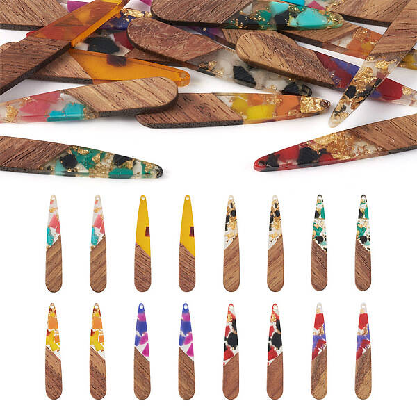 Beadthoven 16Pcs 8 Colors Transparent Resin & Walnut Wood Pendants