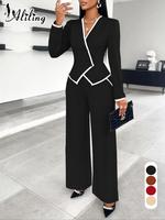 Aliling Women's Colorblock Button Outerwear & Straight Leg Trouser Two-piece Set, Chic Elegant Fashion Casual Longsleeves Out...