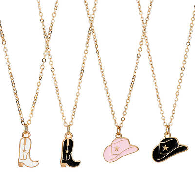 4Pcs 4 Styles Cowboy Theme Hat & Shoes Alloy Enamel Pendant Necklaces Set for Women