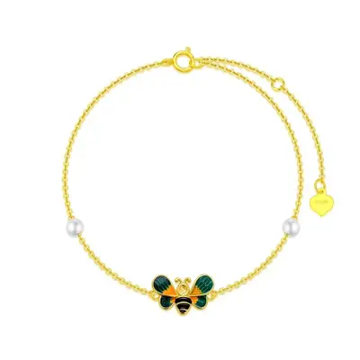14K Gold Pearl Bees Charm Bracelet