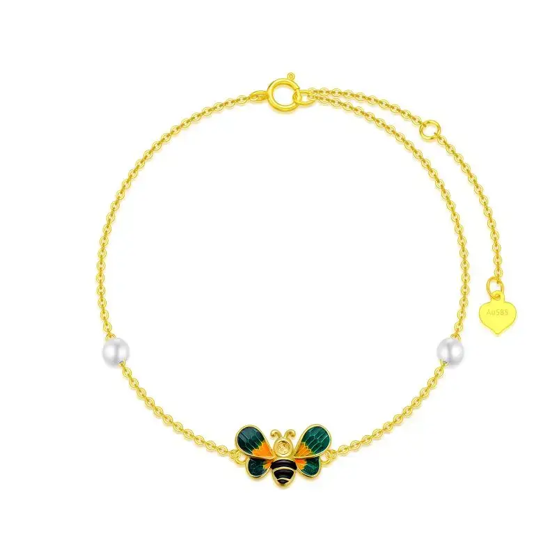 14K Gold Pearl Bees Charm Bracelet