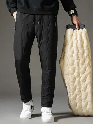Men's Regular Fit Solid Drawstring Waist Pocket Thermal Lined Straight Leg Pants, Casual Comfortable Warmer Trousers for Fall...