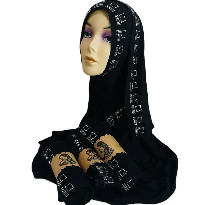 Muslim black rhinestone hijab scarf modest islamic wear jersey comfortable everyday style fashion elegant office school party...