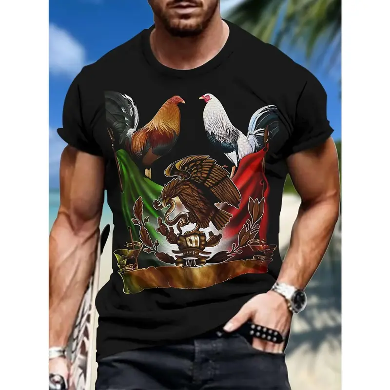 Men's Rooster Graphic T-Shirt - Mexican Flag Design, Breathable Cotton Crew Neck Tee, Loose Fit for Casual & Festive Wear, Sh...