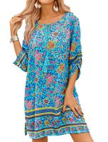 HOTOUCH Women Casual Beach Summer Dress Boho Tassel Tie Neck 3/4 Long Sleeve Short Floral Print Flowy Cover Up Sundresses
