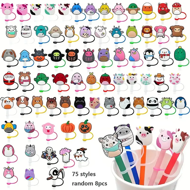 Random Cartoon Pattern Silicone Straw Cap, 8 Counts Dust-proof Straw Cover, Straw Cap for Home Kitchen & Outdoor Sports, Drin...