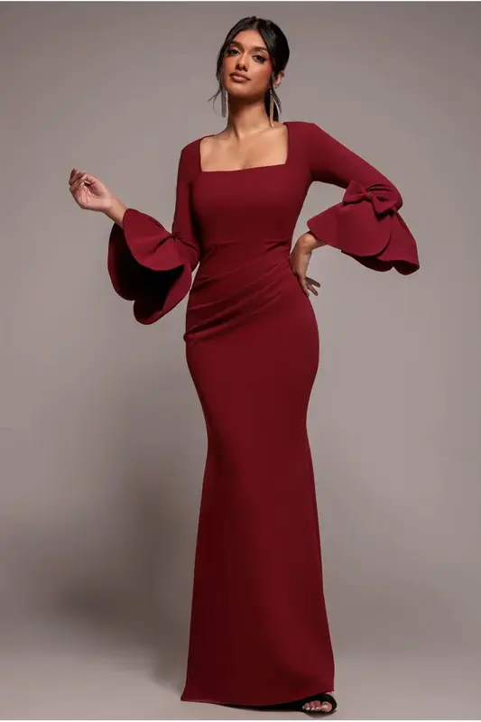 Goddiva Petal Bow Sleeve Frill Maxi Dress - Wine