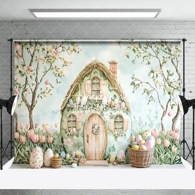 Aperturee Painted Spring Trees Egg Bunny Hutch Easter Backdrop, 3X2FT(1MX0.6M), 14 USD, easter backdrops, ENHD3J77-M