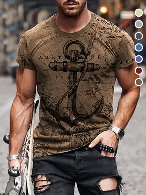 Men's Letter & Anchor Print Round Neck Tee, Summer Clothes Casual Regular Fit Short Sleeve T-Shirt for Summer, Mens Clothes...