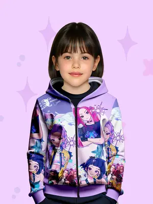 Girls Lightweight Hooded Zipper Sweatshirt, Casual Fall & Winter Wear, Fitted Random Print Design, Durable Daily Outdoor Acti...