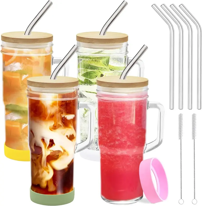 【SUHOPE】【Back To School】 4-Pack 24oz Glass Tumbler Cups with Handle, Bamboo Lids, and Straws - Reusable Mason Jar Dri...