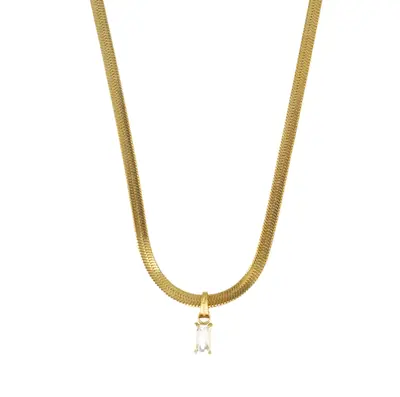14K Gold Emerald Cut Gemstone Herringbone Necklace