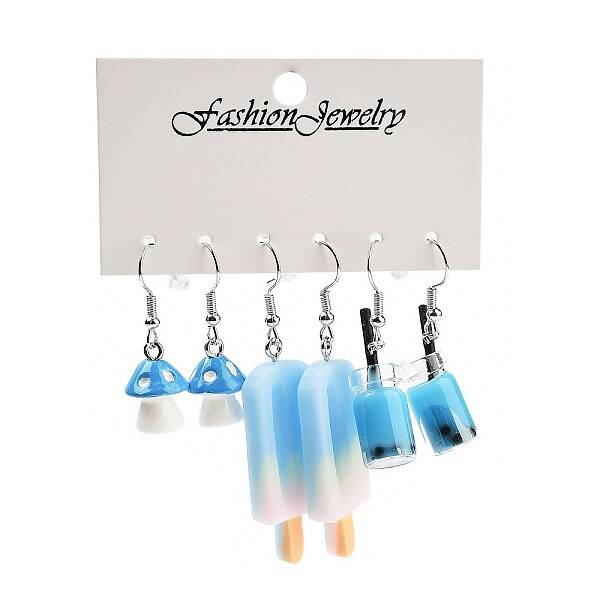 3 Styles Summer Mushroom & Ice Cream & Drink Acrylic Dangle Earring Sets for Women