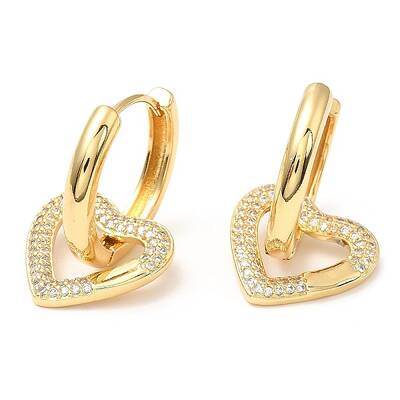 Rack Plating Brass Heart Dangle Hoop Earrings with Cubic Zirconia