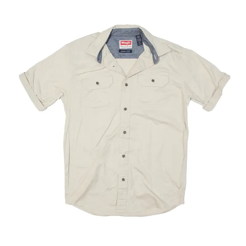 WRANGLER Comfort Flex Plain Shirt Cream Short Sleeve Mens S