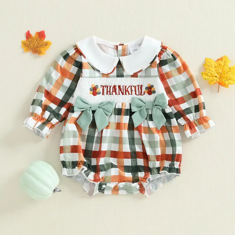 Infant Baby Girls Romper Long Sleeve Doll Collar Plaid Embroidery Turkey Bodysuit Thanksgiving Clothes 0-18 Months