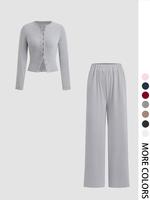 Two-piece Set Women's Solid Button Front Ribbed Crop Top & Elastic Waist Pants Outfit, Casual Longsleeves Round Neck Top & ...