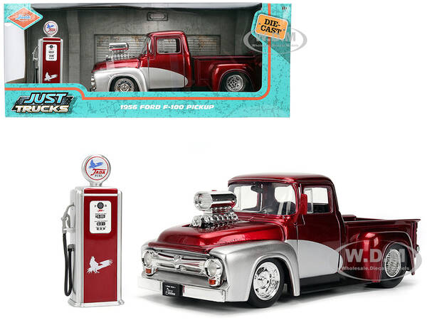 1956 Ford F-100 Pickup Truck Red Metallic with Silver Accents and Jada Gas Pump \