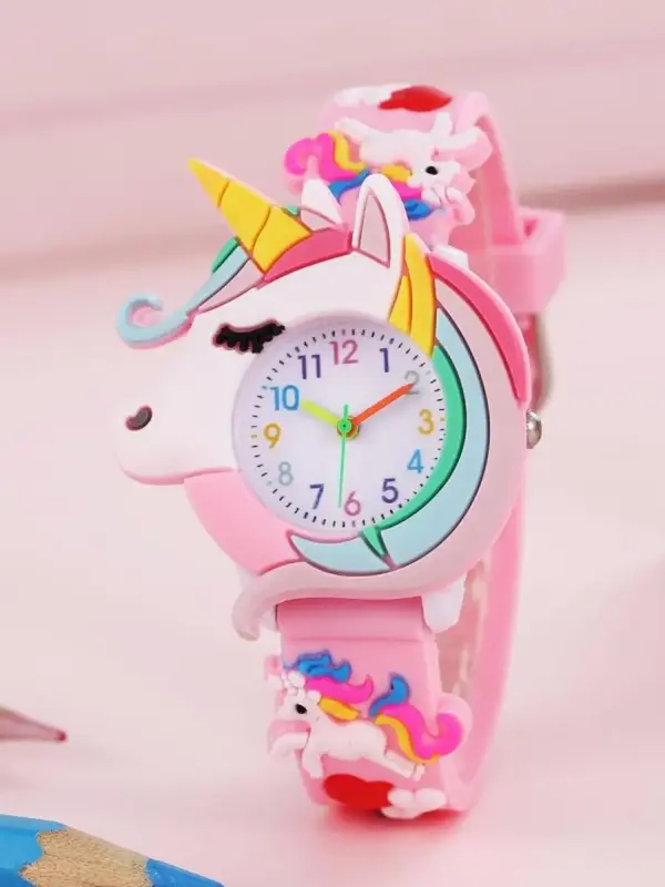 Children Cute Pink Cartoon Unicorn Pattern Quartz Watch, Fashionable Silicone Strap Round Dial Stylish Watch for Kids, Trend...