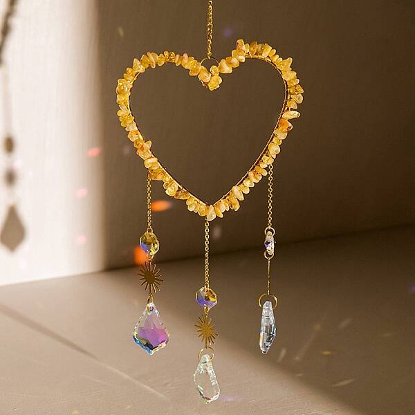 Heart Natural Yellow Quartz Chips Hanging Ornaments
