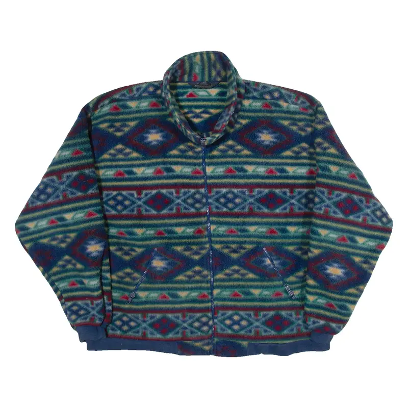 LANDS END Regular Womens Fleece Jacket Blue Crazy Pattern XL