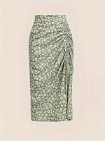 Women's Ditsy Floral Print Ruched Drawstring Split Thigh Skirt, Elegant Fashion Casual Bodycon Midi Skirt for Daily Outdoor W...