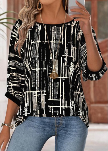 Modlily Black Geometric Print 3/4 Sleeve Round Neck Blouse - XXL