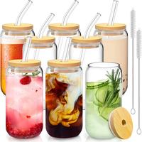 Bamboo 6-8 Count Drinking Glasses with Bamboo Lids - 16 Oz Can Shaped Glass Cups, Includes 2 Cleaning Brushes for Beverages a...