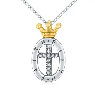 925 Sterling Silver Faith Religious Cross With Crown Necklace