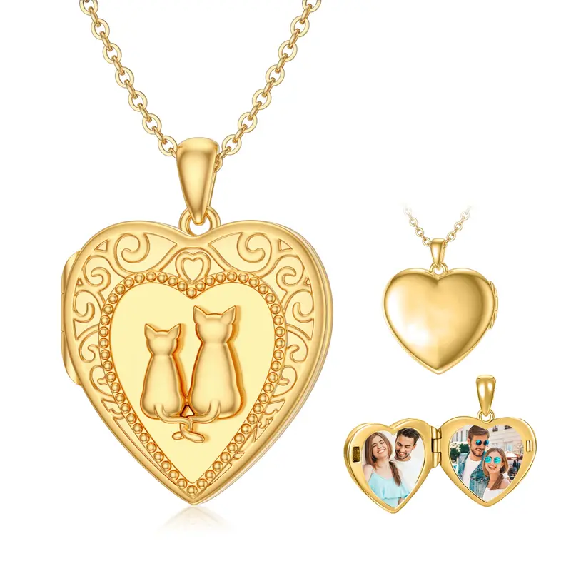 Sterling Silver with Yellow Gold Plated & Personalized Engraving Photo & Heart Cat Personalized Photo Locket Necklace
