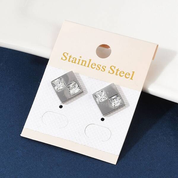 304 Stainless Steel Micro Pave Clear Cubic Zirconia Stud Earrings