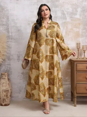 ćPlus Sizeć Random Floral Print Long Sleeve Arabian Robe, Modest Elegant Open Front Long Dress for Women, Women's Islamic...