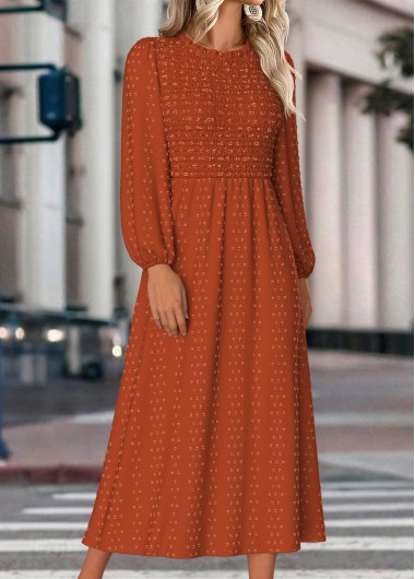 Modlily Terracotta Tummy Coverage Long Sleeve Round Neck Dress - M
